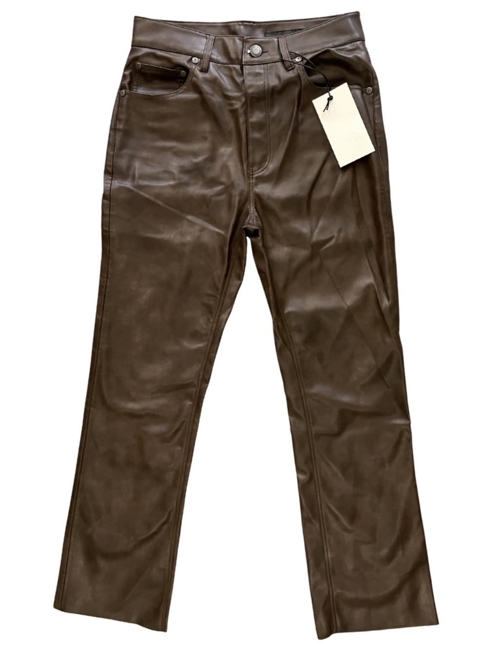 Zara Faux Leather Pants Womens 4 Dark Brown Straight Leg Autumn Fall Office New